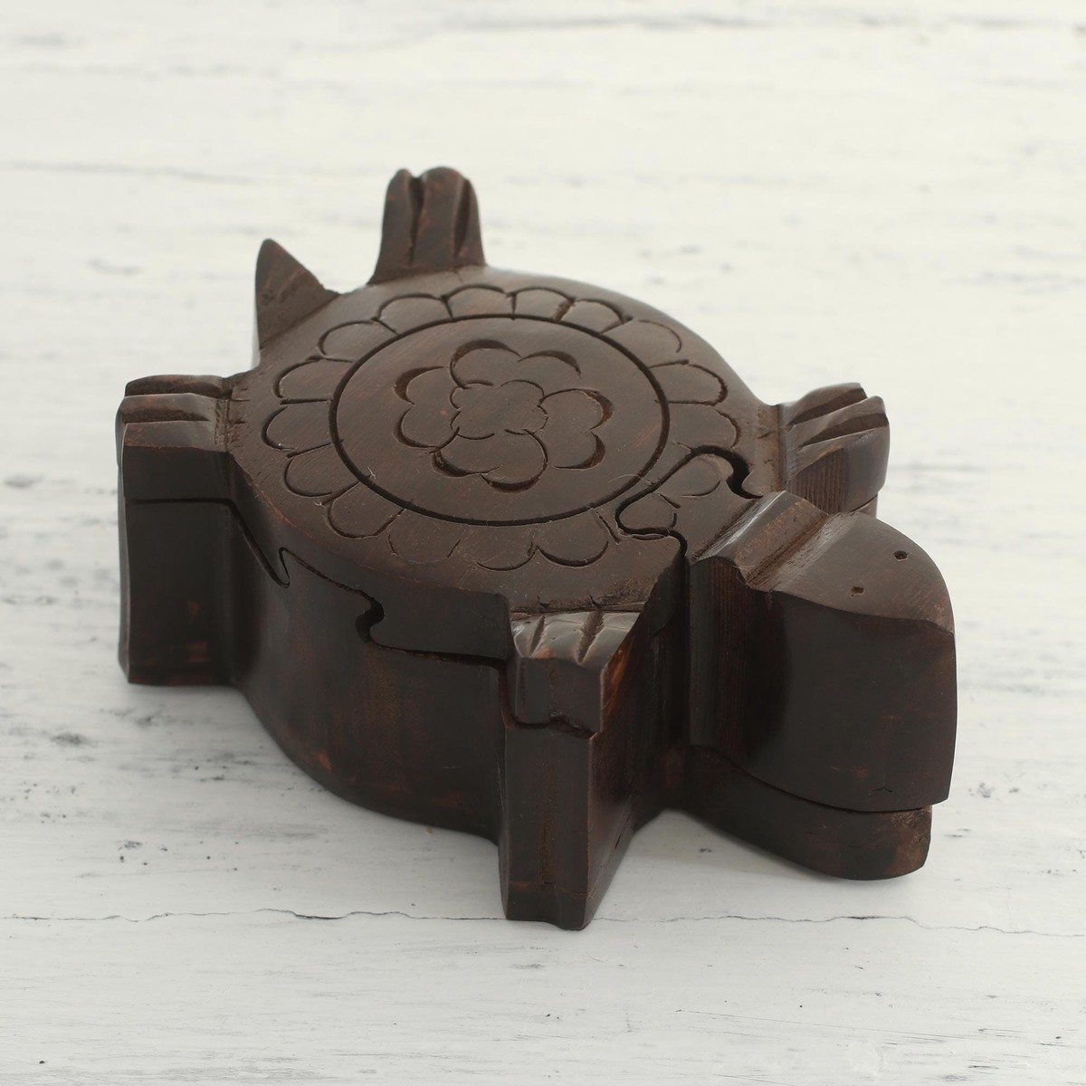 Hand-Carved Mango Wood Turtle Puzzle Box from India - Flower Turtle