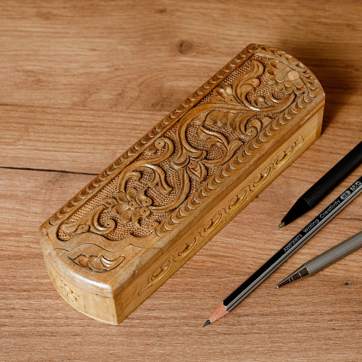 Hand-Carved Rectangle Floral Walnut Wood Puzzle Box - Rectangle Paradise