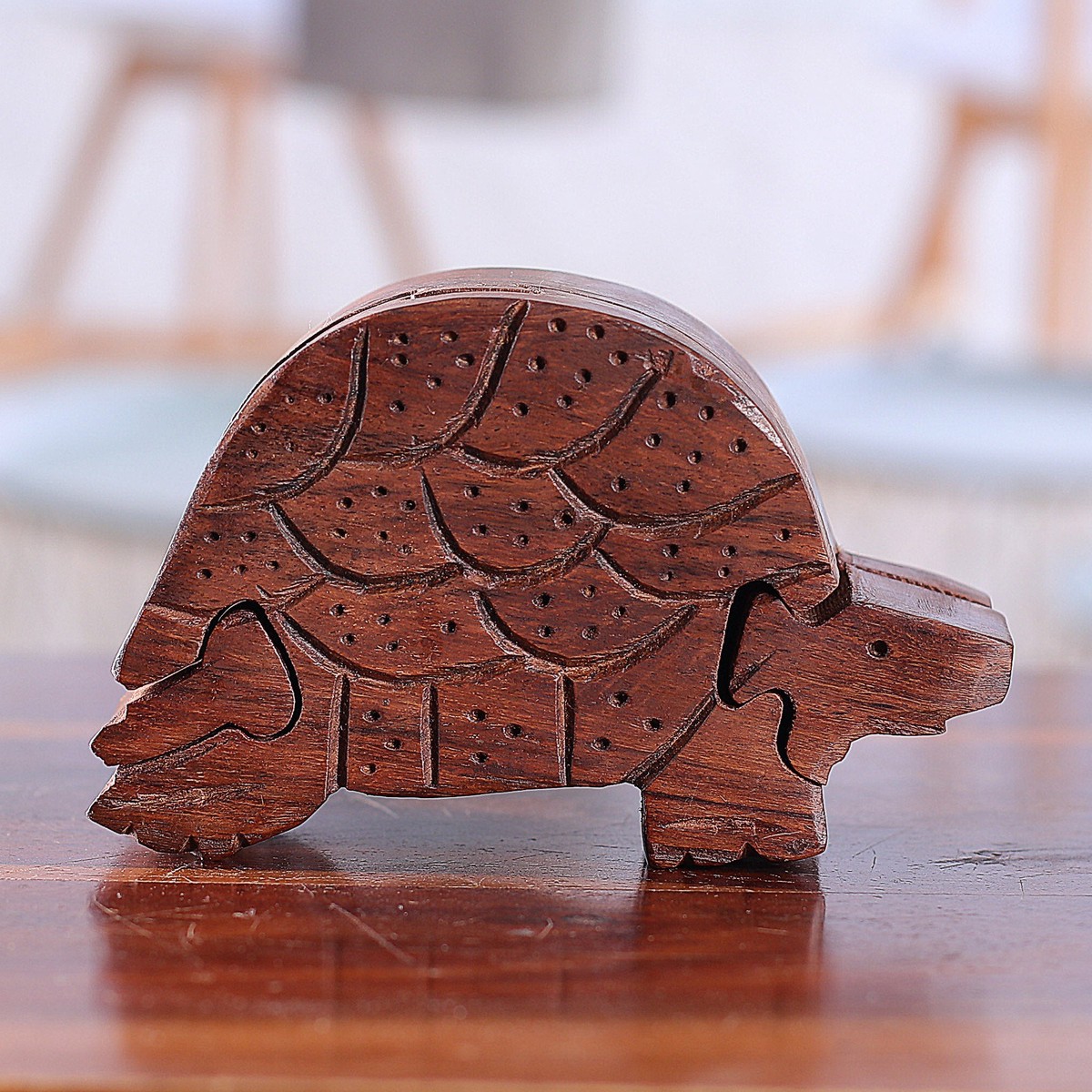 Hand-Carved Turtle-Shaped Mango Wood Puzzle Box from India - Turtle Mystery