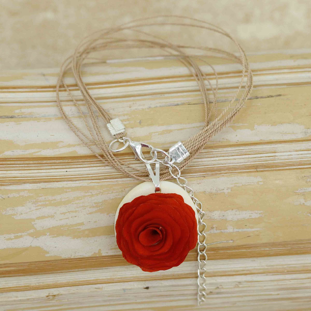 Hand-Carved Wood and Horn Orange Rose Pendant Necklace – Rose Splendor