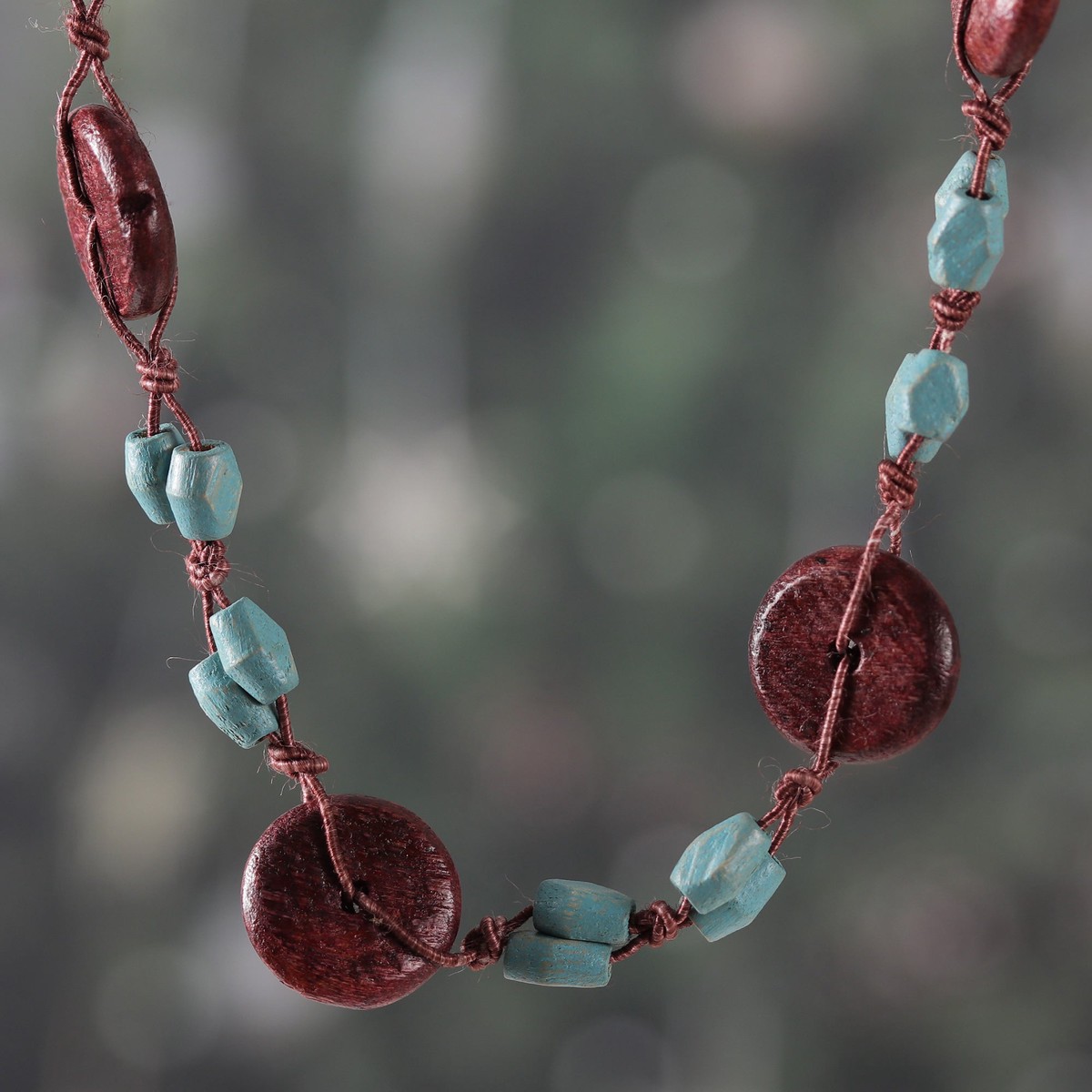 Hand-Carved Wood Beaded Long Necklace in Brown and Aqua Hues – Graceful Fusion