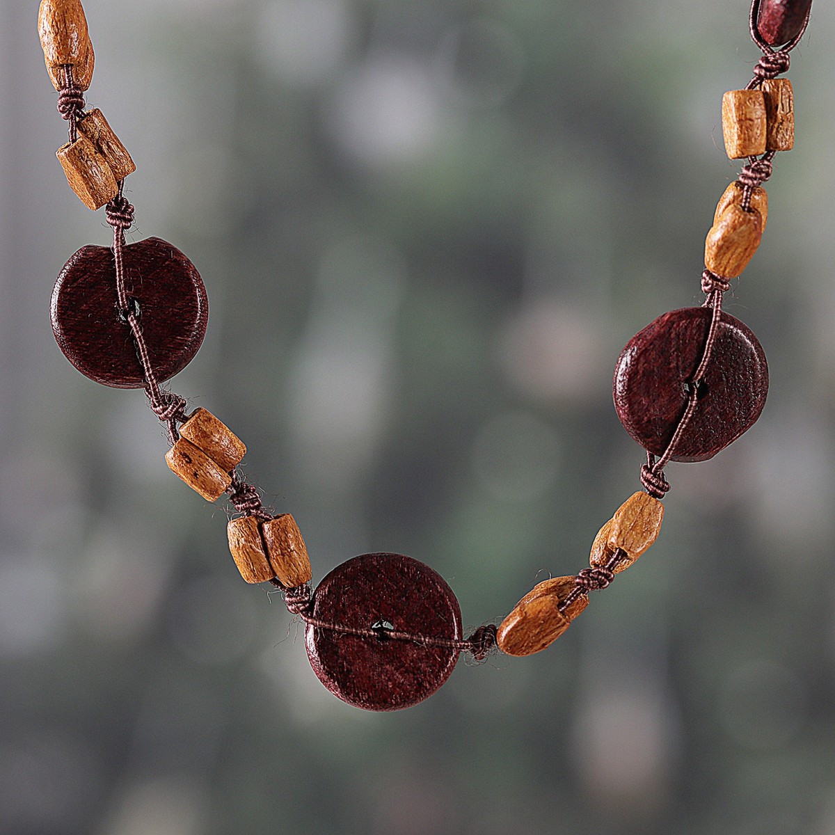 Hand-Carved Wood Beaded Long Necklace in Brown and Beige – Chic Fusion