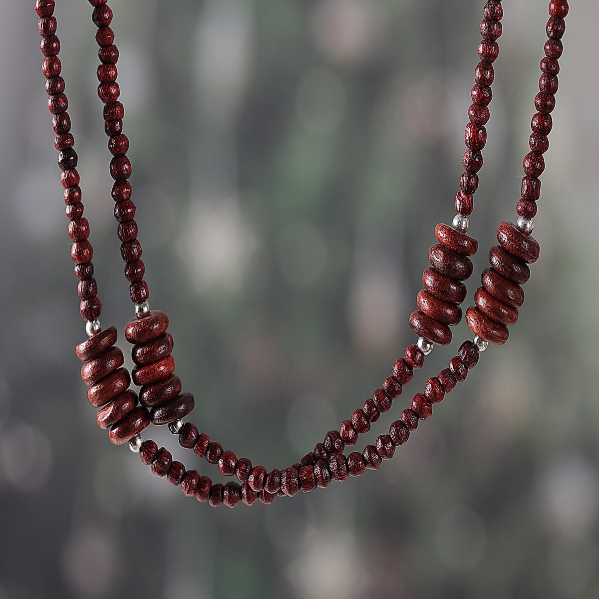 Hand-Carved Wood Beaded Long Station Necklace in Brown Shade – Maroon Flair