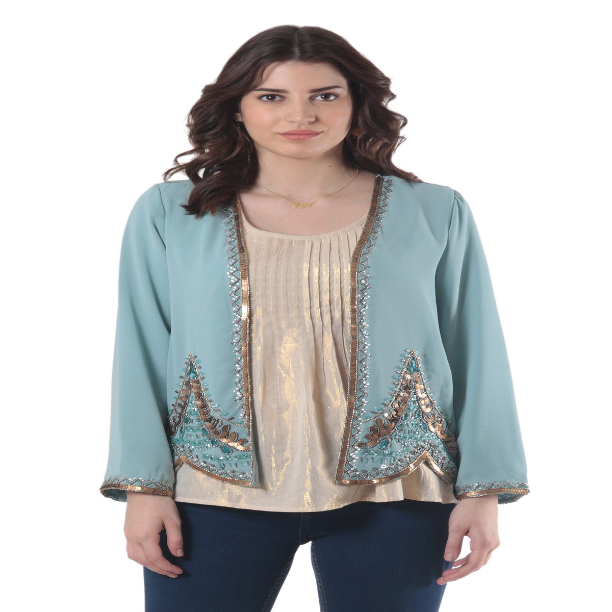 Hand-Embellished Open-Front Jacket – Glitz and Glamour in Aqua – M