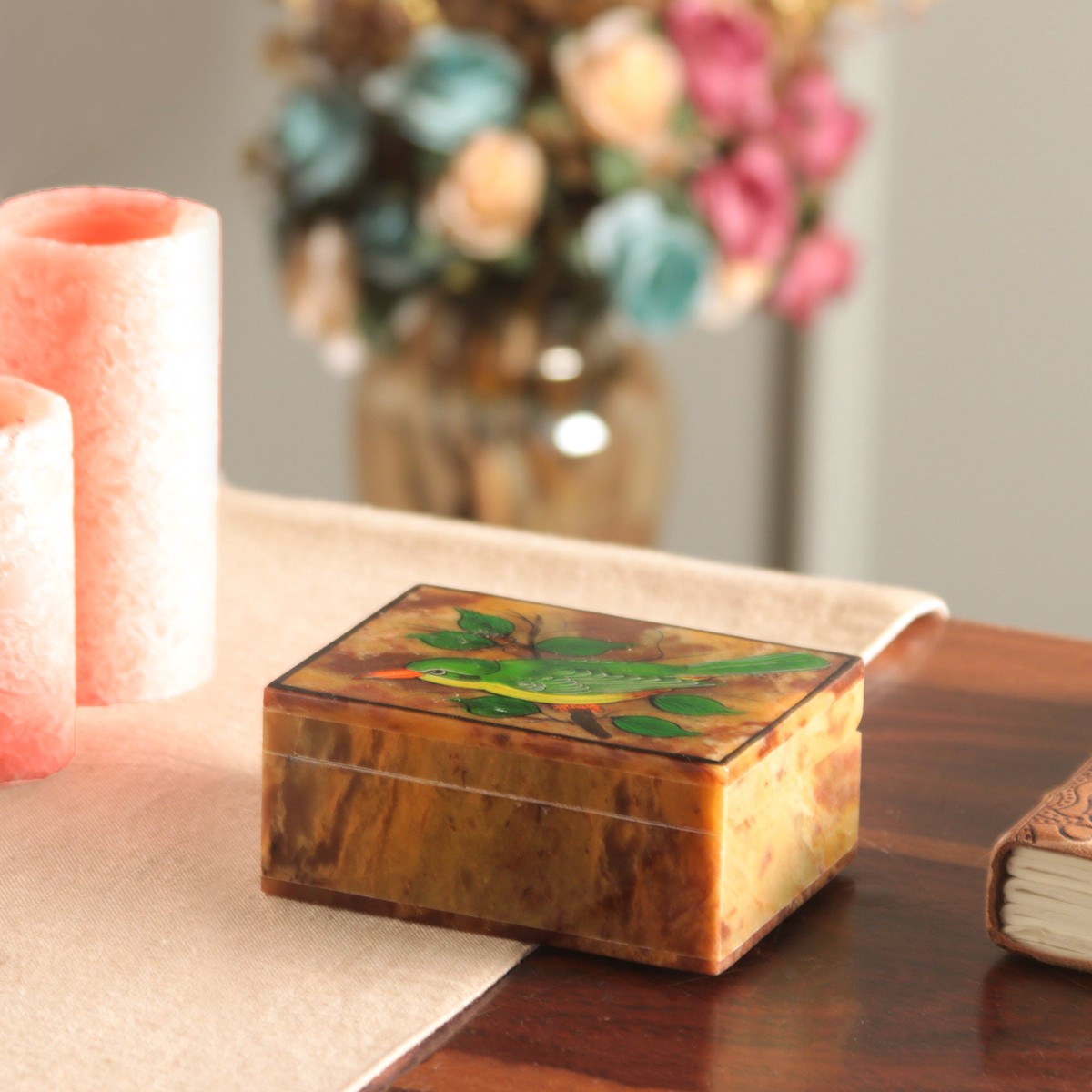 Hand-Painted Bird-Themed Natural Soapstone Box Made in India - Bird of Arts