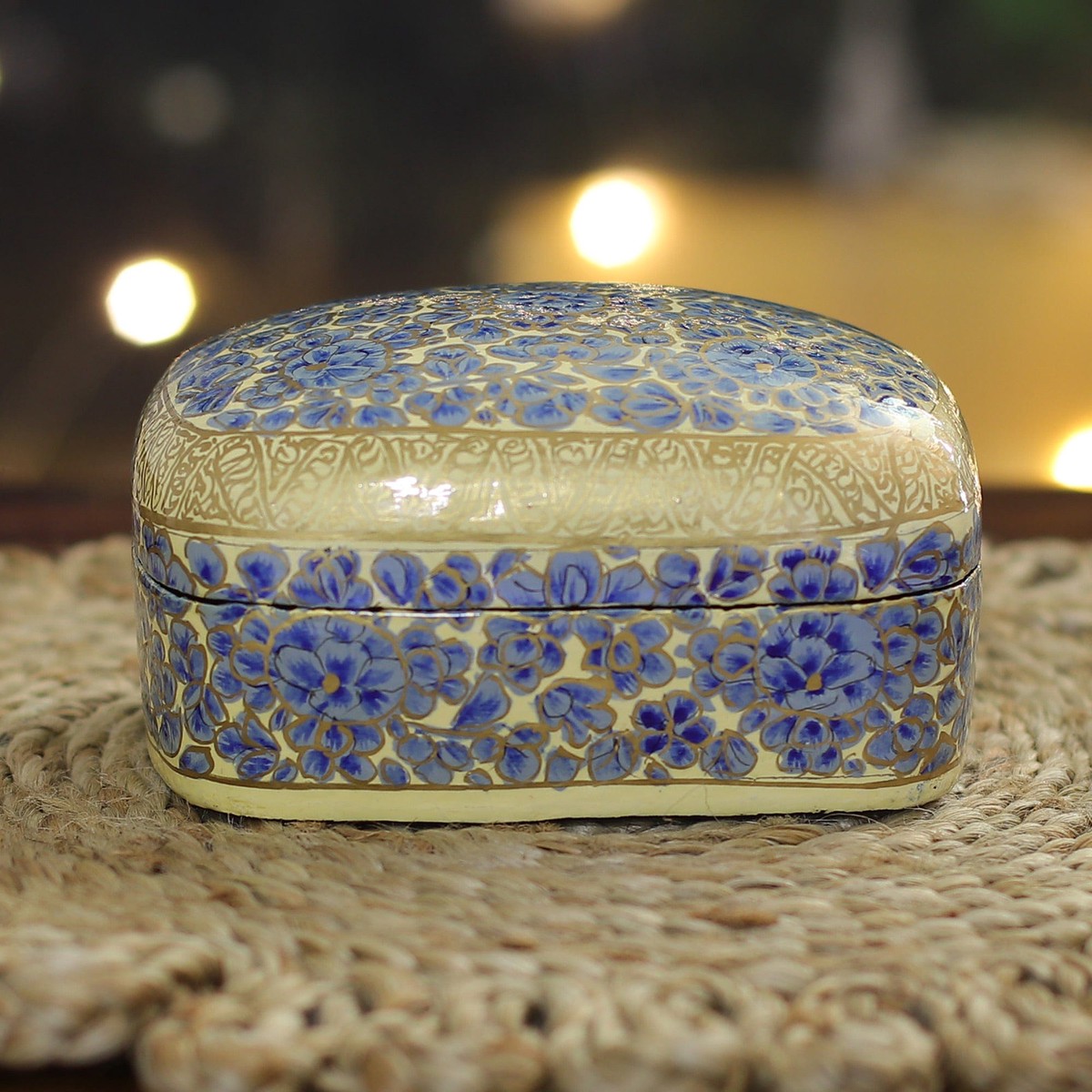Hand-Painted Blue Wood Papier Mache Floral Decorative Box - Blue Garden - Title