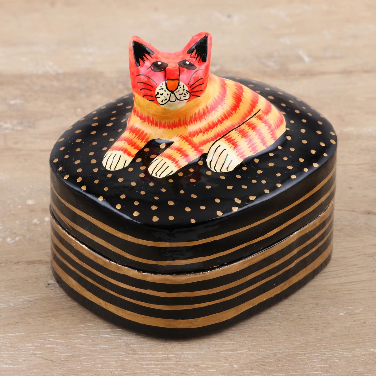 Hand-Painted Cat Papier Mache and Wood Decorative Box - Feline Friend