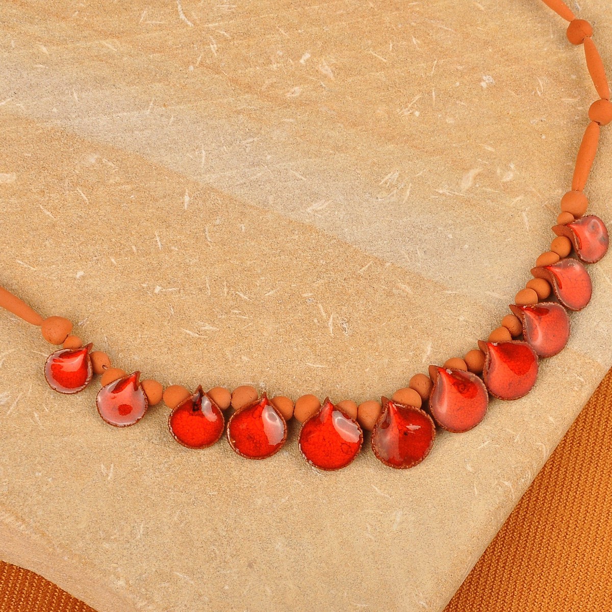 Hand-Painted Ceramic Beaded Droplet Necklace in Red & Orange – Flaming Droplets