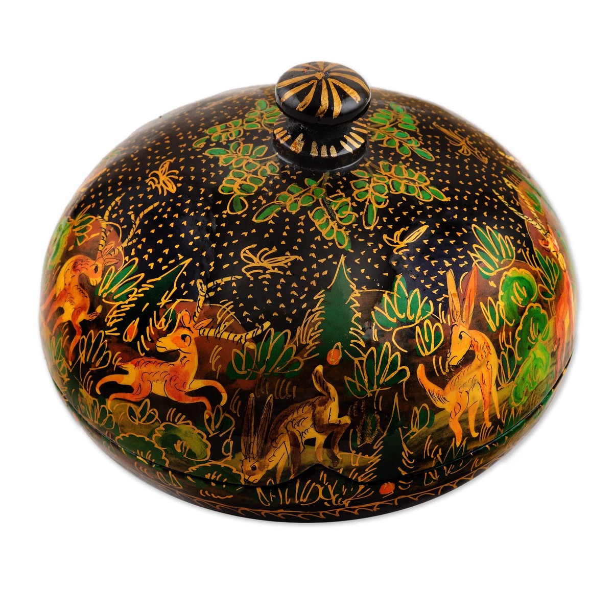 Hand-Painted Black Papier Mache Decorative Box from India - Jungle Scene in Black (member)