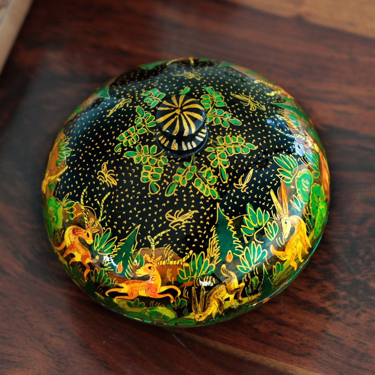 Hand-Painted Black Papier Mache Decorative Box from India - Jungle Scene in Black