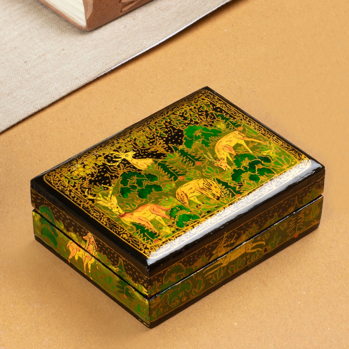 Hand-Painted Black Wood Papier Mache Decorative Box - Landscape in Black