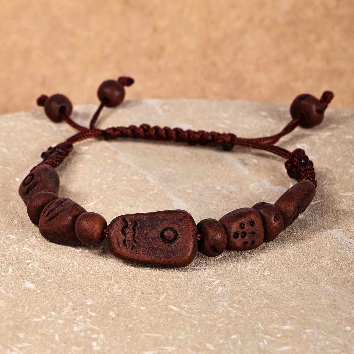 Hand-Painted Brown Ceramic Beaded Macrame Pendant Bracelet - Bewitching Brown
