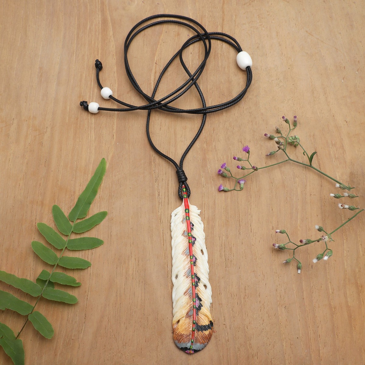Hand-Painted Brown Feather Pendant Necklace from Bali – Stable Freedom