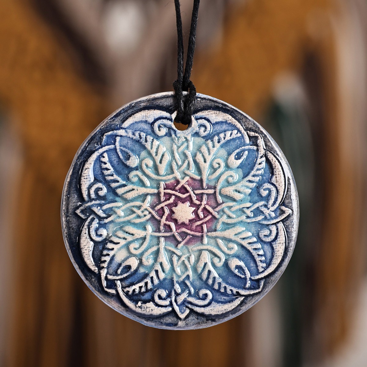 Hand-Painted Classic Blue Floral Ceramic Pendant Necklace – Armenian Mandala