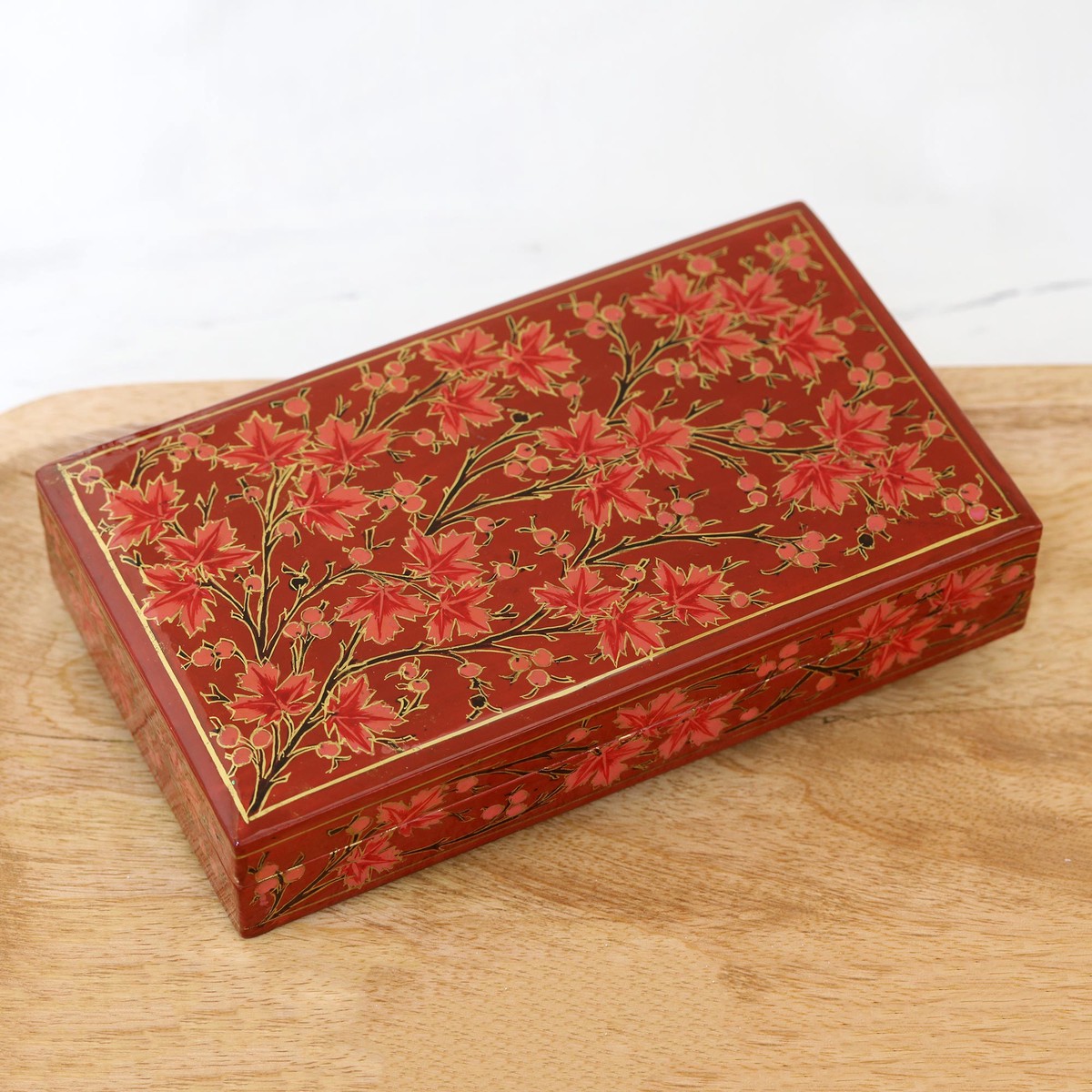 Hand-Painted Decorative Papier Mache Box from India - Festive Trees in Red