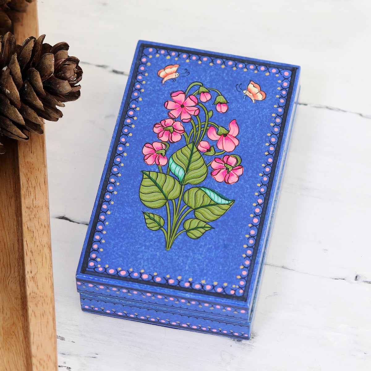 Hand-Painted Decorative Papier Mache Box from India - Dusky Garden