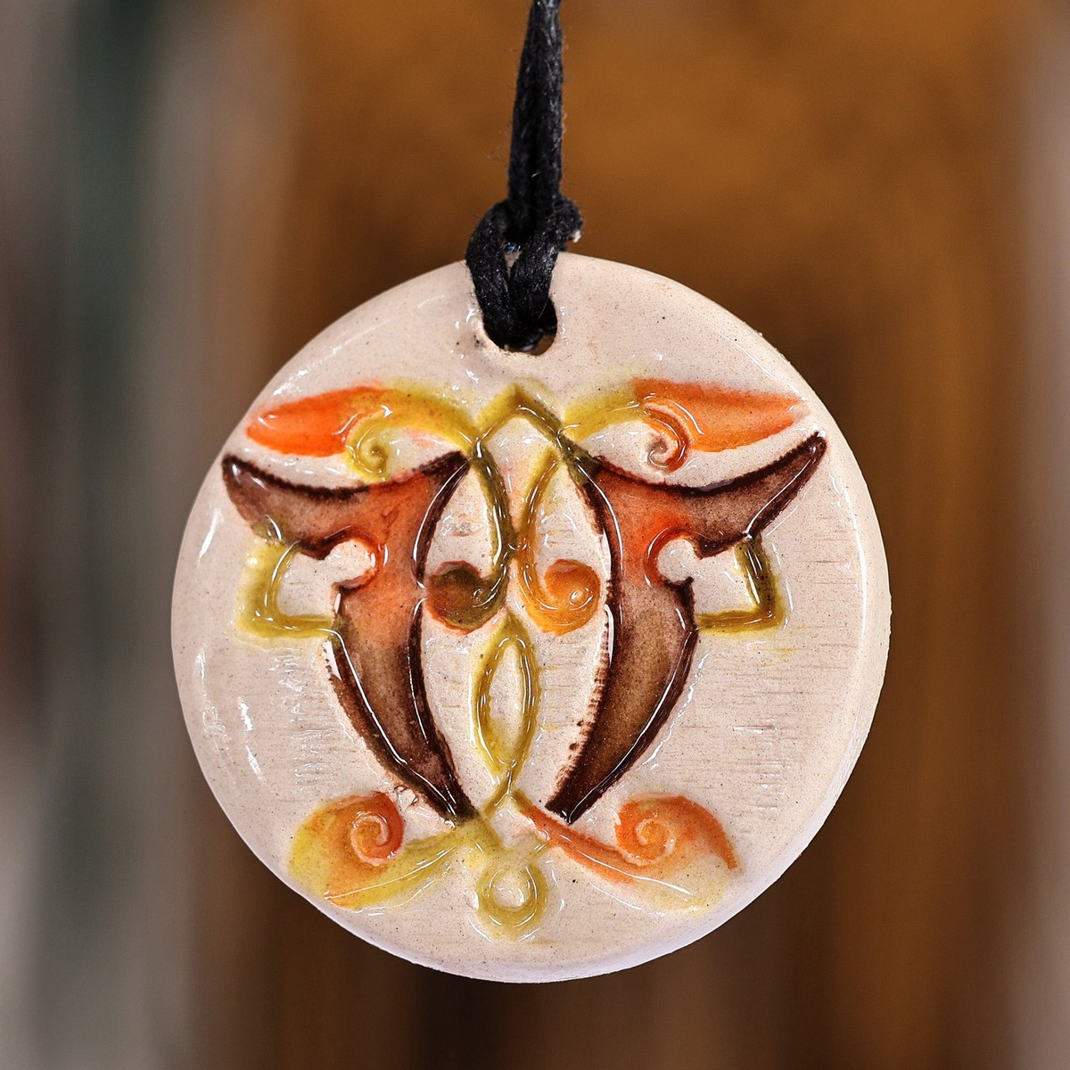 Hand-Painted Warm-Toned Leafy Round Ceramic Pendant Necklace – Solar Garden