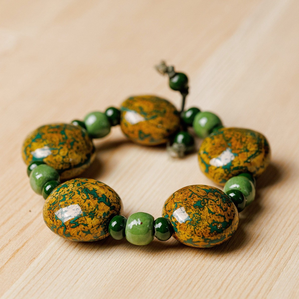 Hand-Painted Yellow and Green Ceramic Beaded Bracelet - Nature's Victory