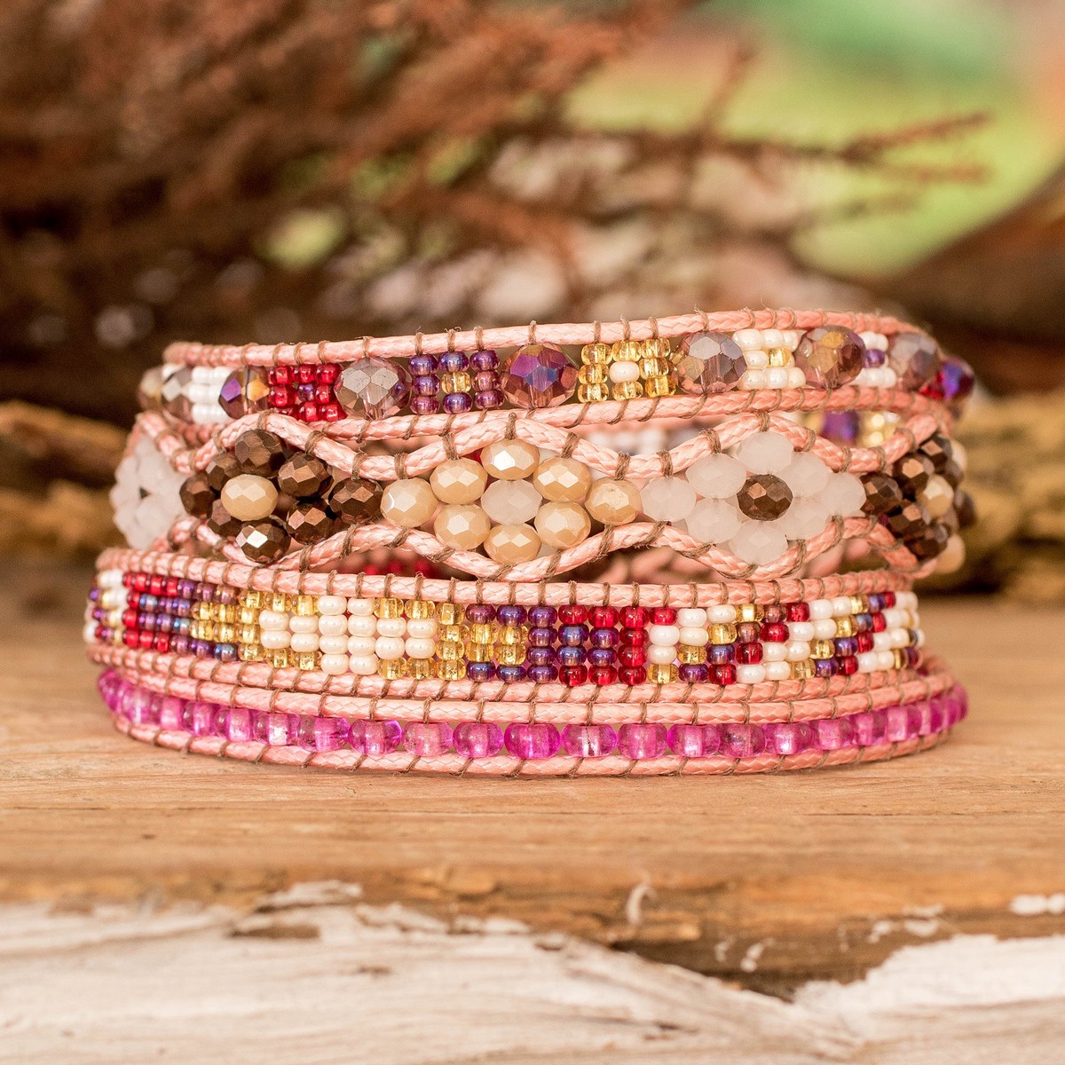 Hand-Woven Beaded Floral Wrap Bracelet with Pewter Button - Encircling Glam