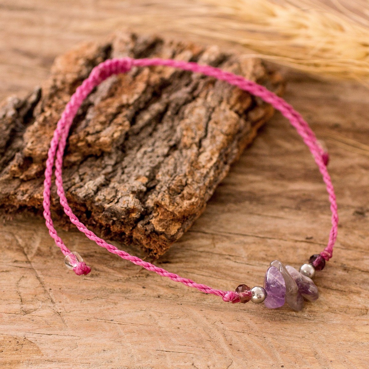 Handcrafted Amethyst and Crystal Pendant Bracelet - Tropical Wise Trio