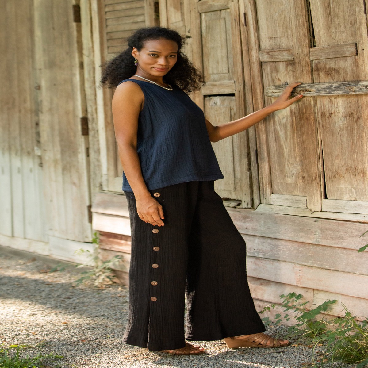 Handcrafted Cotton Double Gauze Pants - Out of Office in Black - L