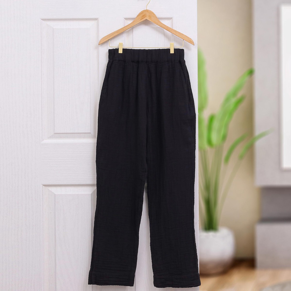 Handcrafted Double Gauze Cotton Pants - Cool Comfort in Black - L (member)