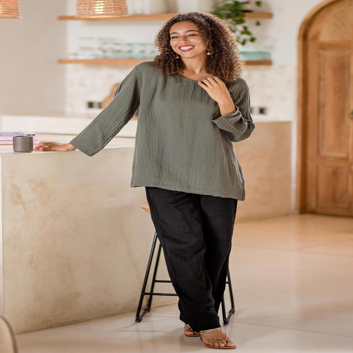 Handcrafted Double Gauze Cotton Pants - Cool Comfort in Black - S