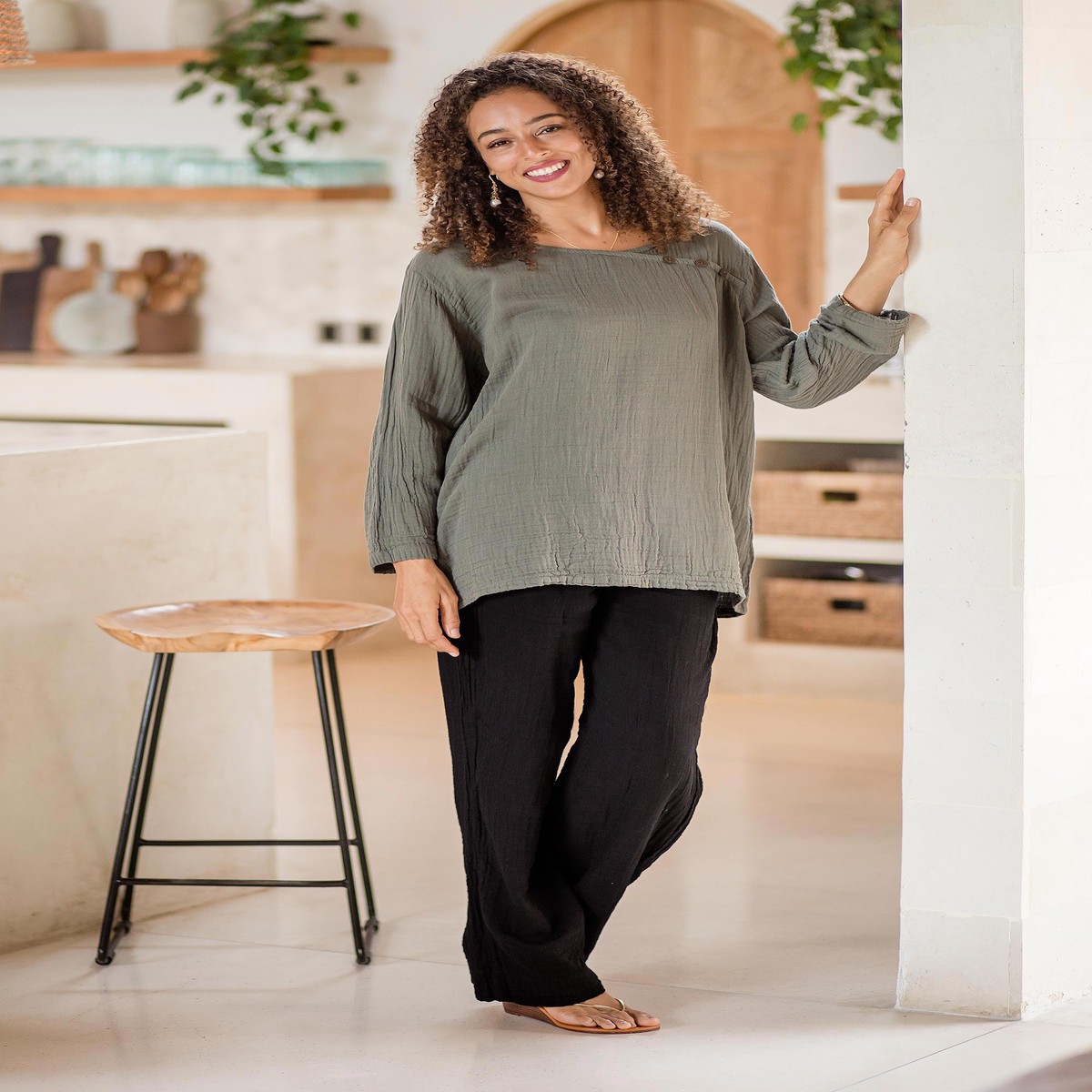 Handcrafted Double Gauze Cotton Pants - Cool Comfort in Black - XL (member)