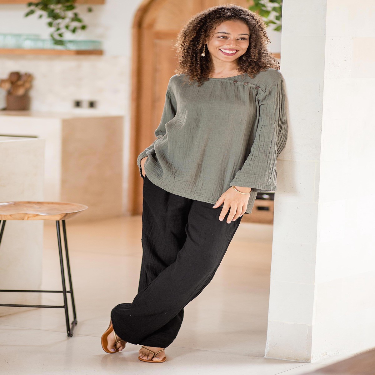 Handcrafted Double Gauze Cotton Pants - Cool Comfort in Black - XXL