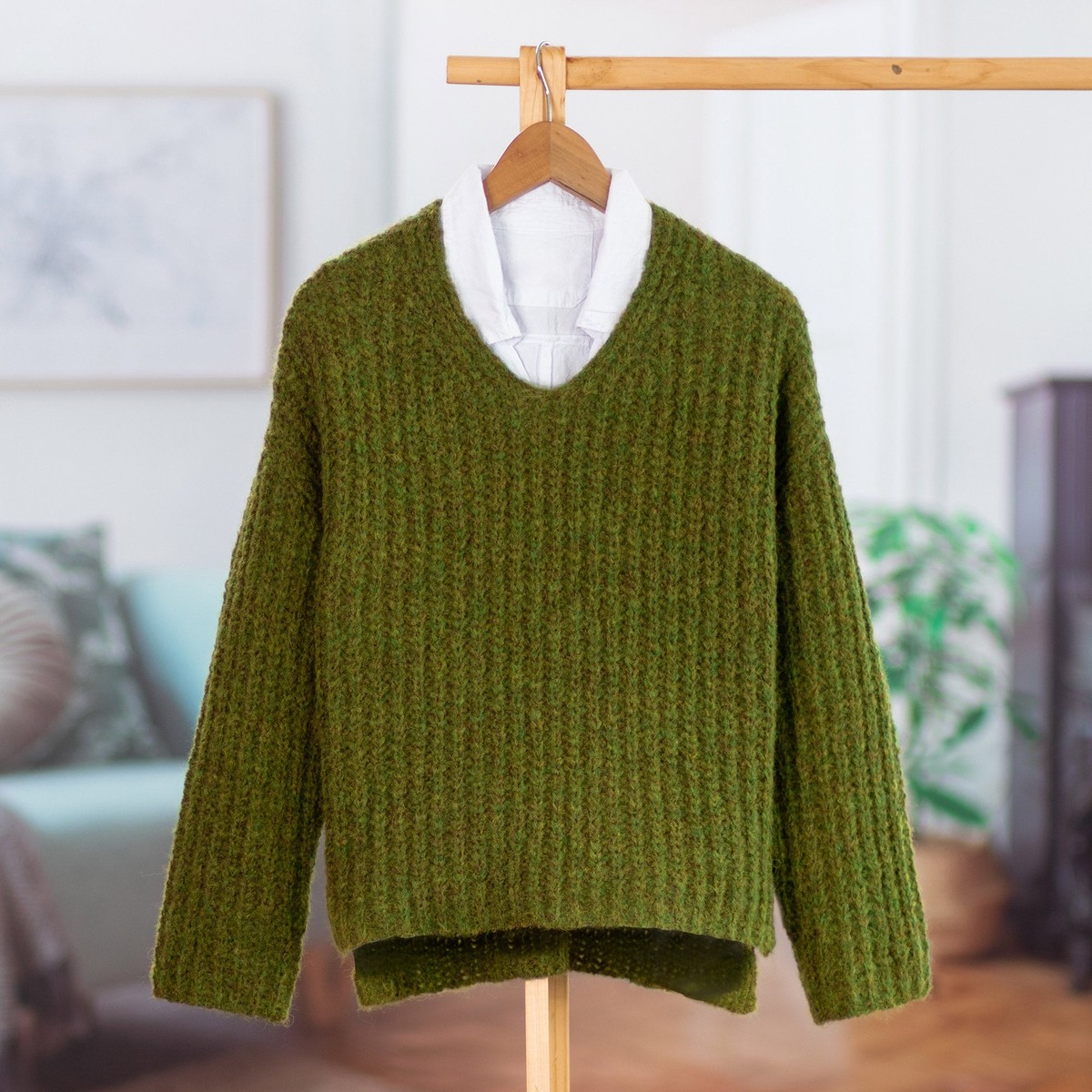Handloomed Green Alpaca Blend Pullover Sweater from Peru - Green Illusions - L/XL
