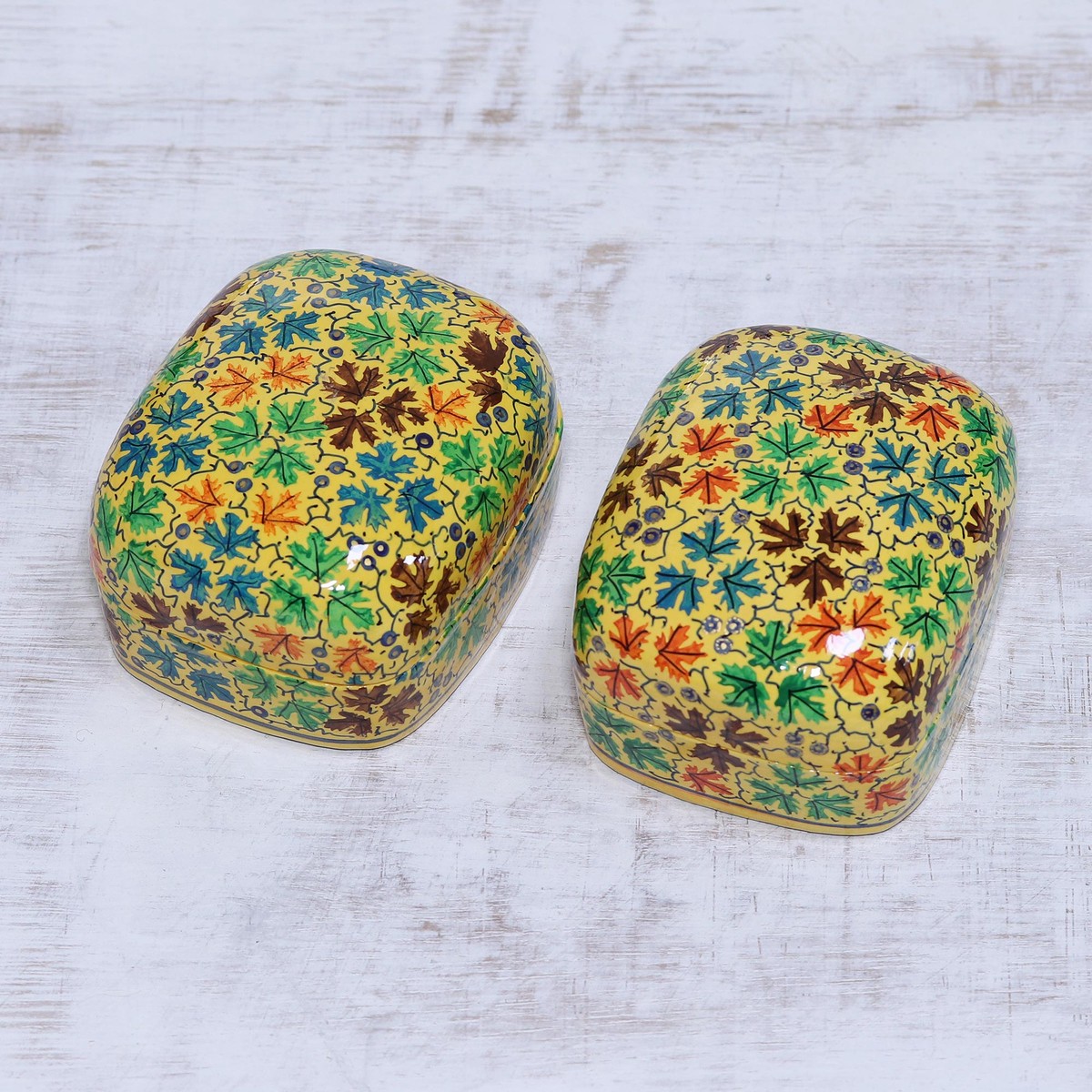 Leaf Motif Papier Mache and Wood Decorative Boxes (Pair) - Lovely Chinar