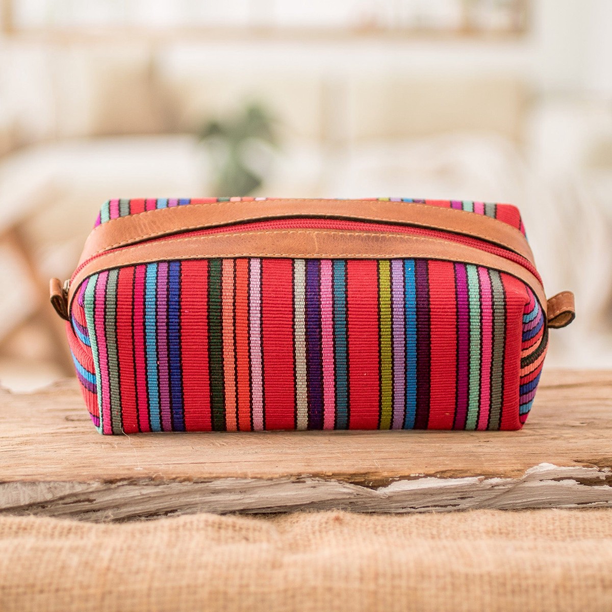 Leather-Accented Multicolor Striped Cotton Cosmetic Bag – Festive Era