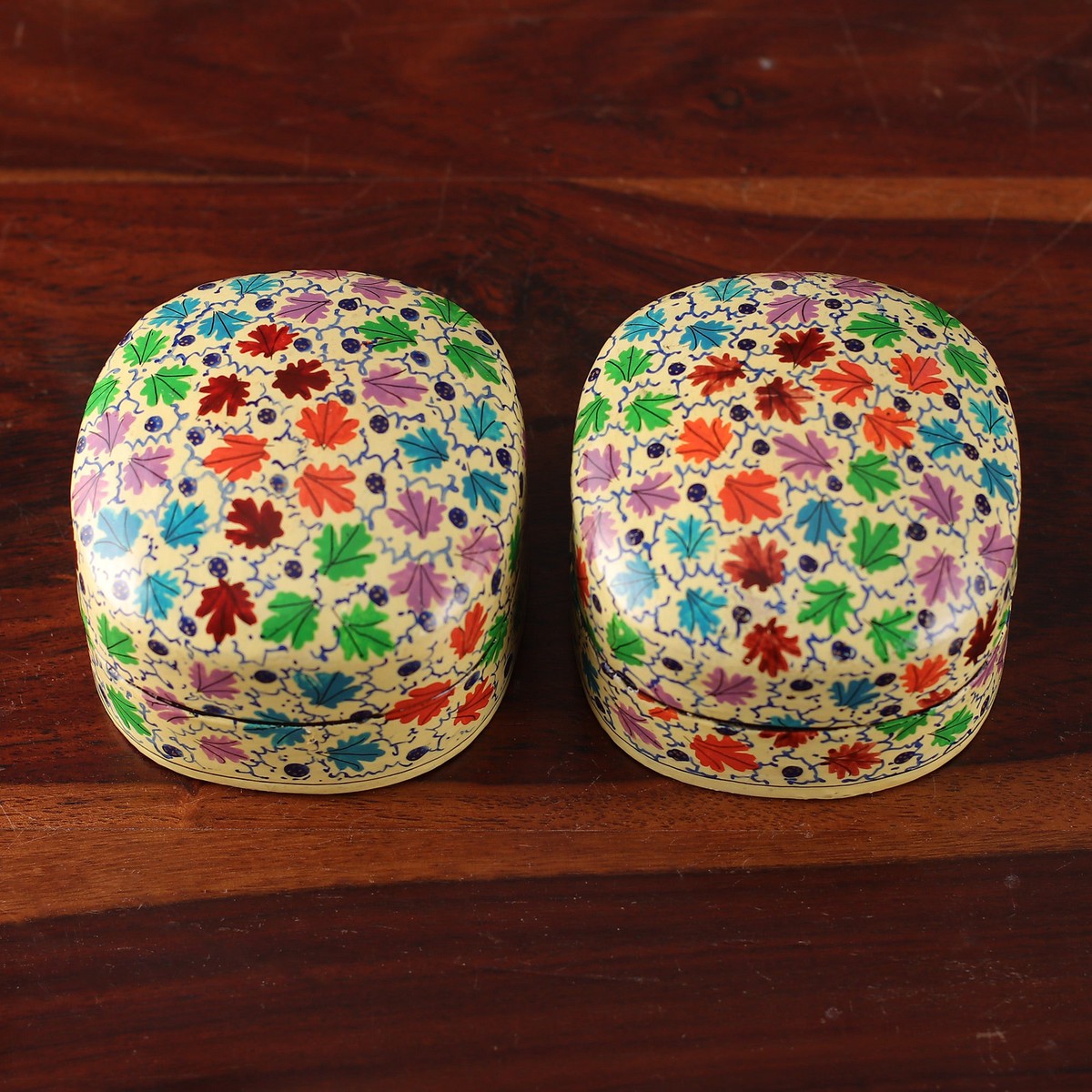 Leafy Papier Mache and Wood Decorative Boxes (Set of 2) - Chinar Bliss