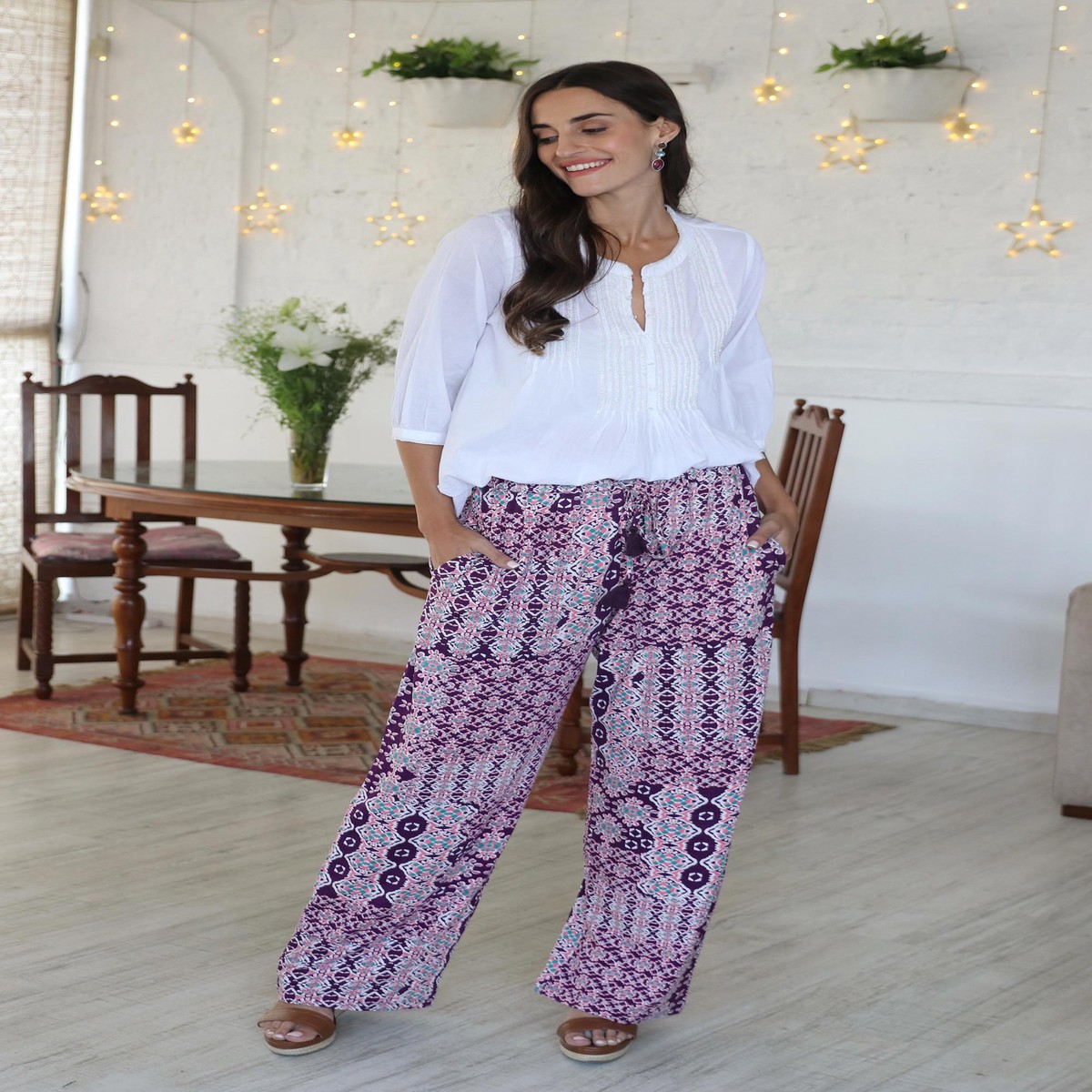 Purple Print Viscose Pants - Meena Bazaar in Purple - L