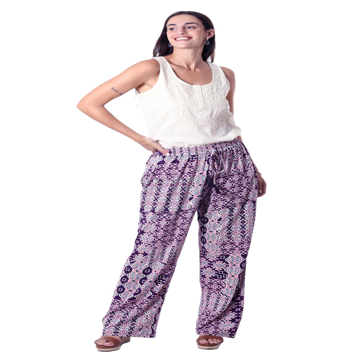 Purple Print Viscose Pants - Meena Bazaar in Purple - XL (member)