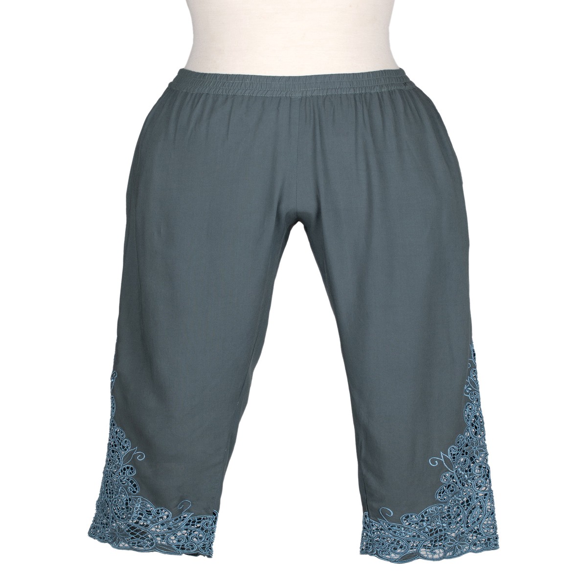 Rayon Capri Pants with Floral Vine Openwork Hand Embroidery – Slate Padma Flower – M