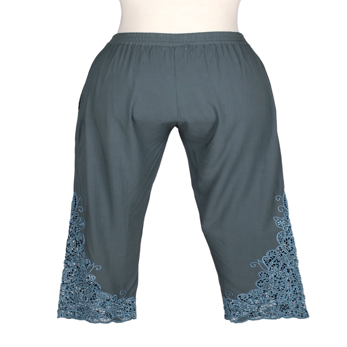 Rayon Capri Pants with Floral Vine Openwork Hand Embroidery – Slate Padma Flower – S (member)