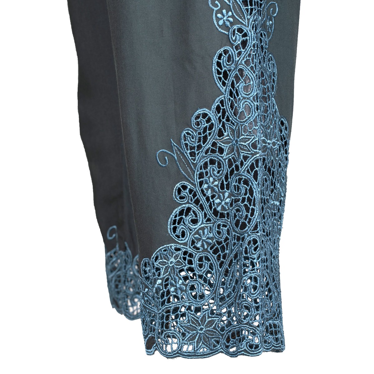 Rayon Capri Pants with Floral Vine Openwork Hand Embroidery – Slate Padma Flower – XXL