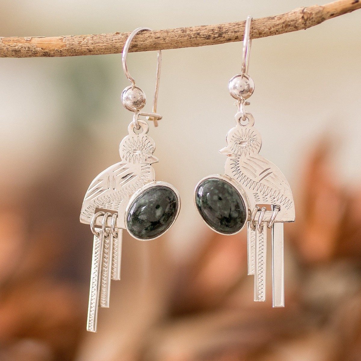 Sterling Silver Dark Green Jade Quetzal Bird Dangle Earrings - Green Quetzal Flight
