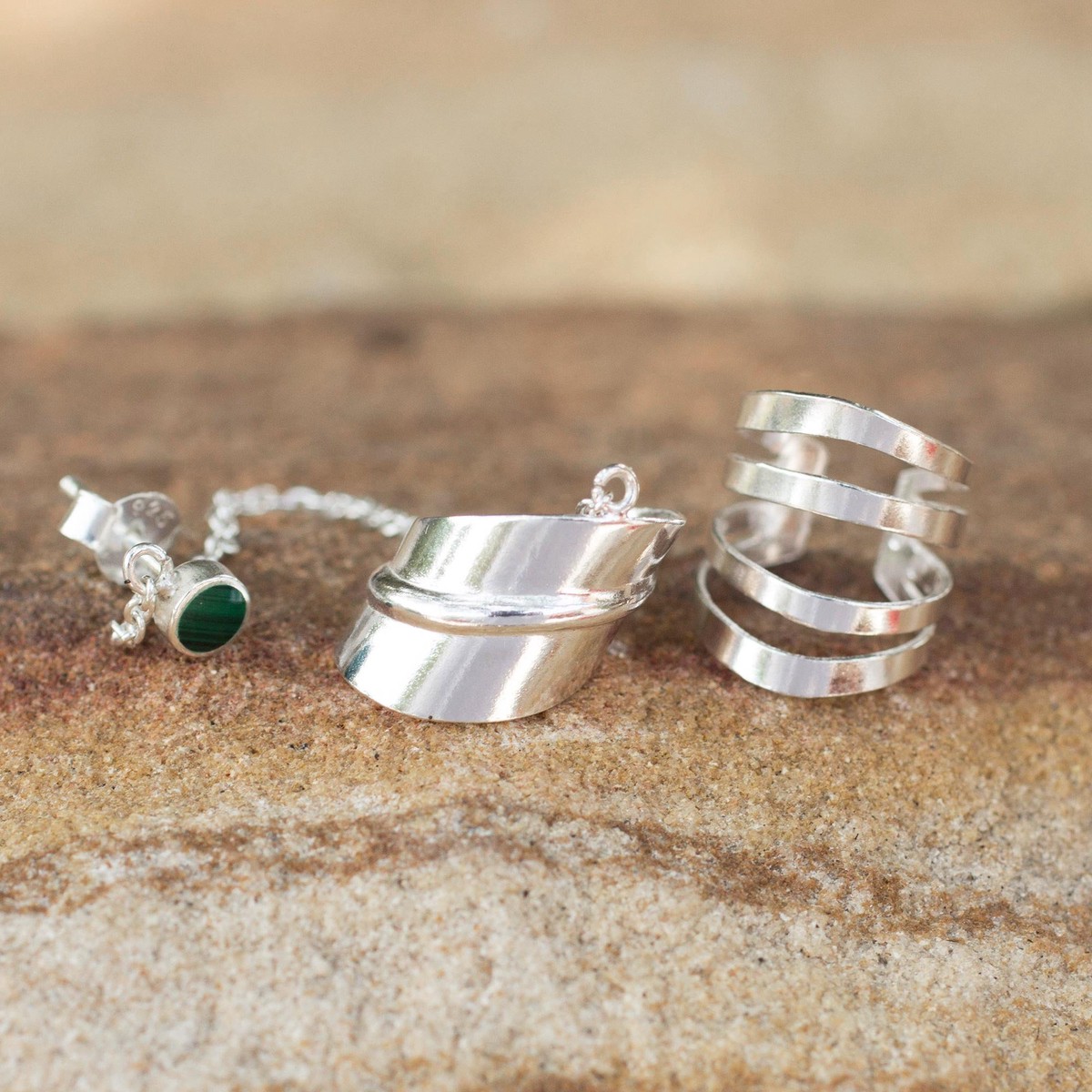 Sterling Silver Ear Cuffs with Chain in Green from Thailand – Forest Whisper