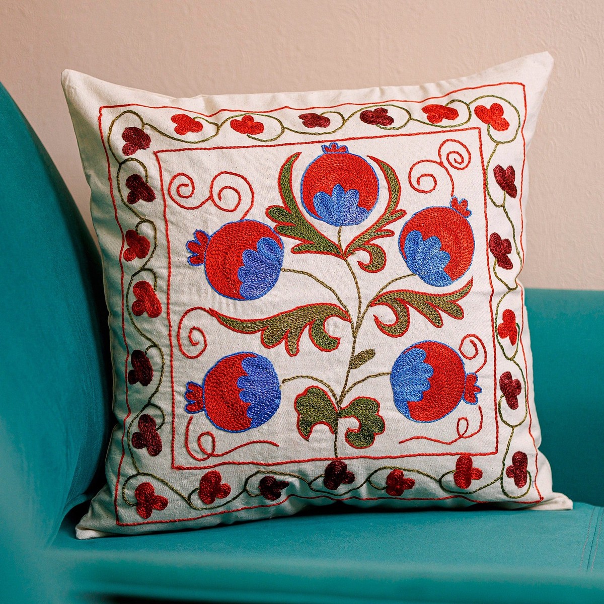 Red, Blue and Green Embroidered Cotton Pillow Sham - Luxurious Forest