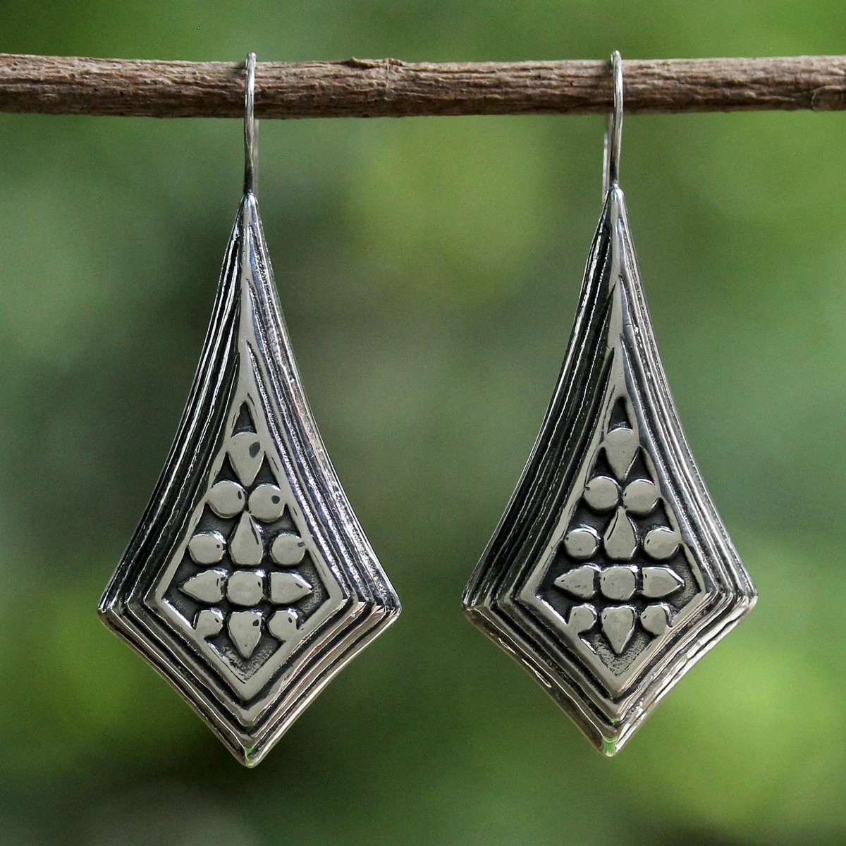 Sterling Silver Diamond Shaped Drop Earrings from Thailand - Vogue Chiang Mai
