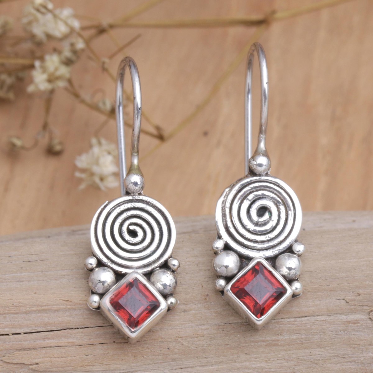 Sterling Silver Drop Earrings with Natural Garnet Stones – Love Spiral