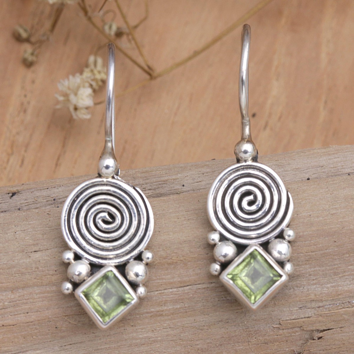 Sterling Silver Drop Earrings with Natural Peridot Stones – Fortune Spiral