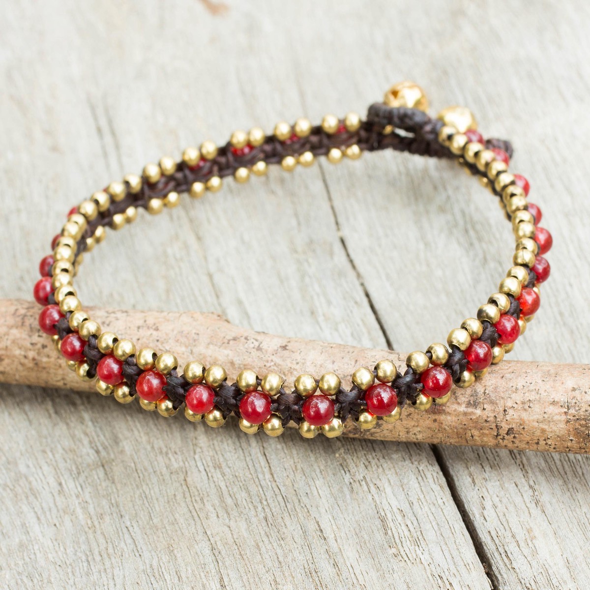 Red Quartz Hand Crocheted Anklet with Brass Beads and Bells - Tinkling Bells