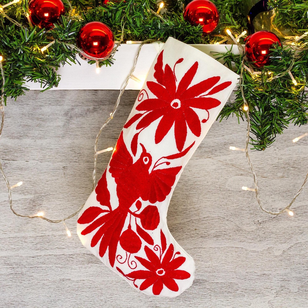 Red Tenango Style Embroidered Christmas Stocking From Mexico - Tenango Boot in Red