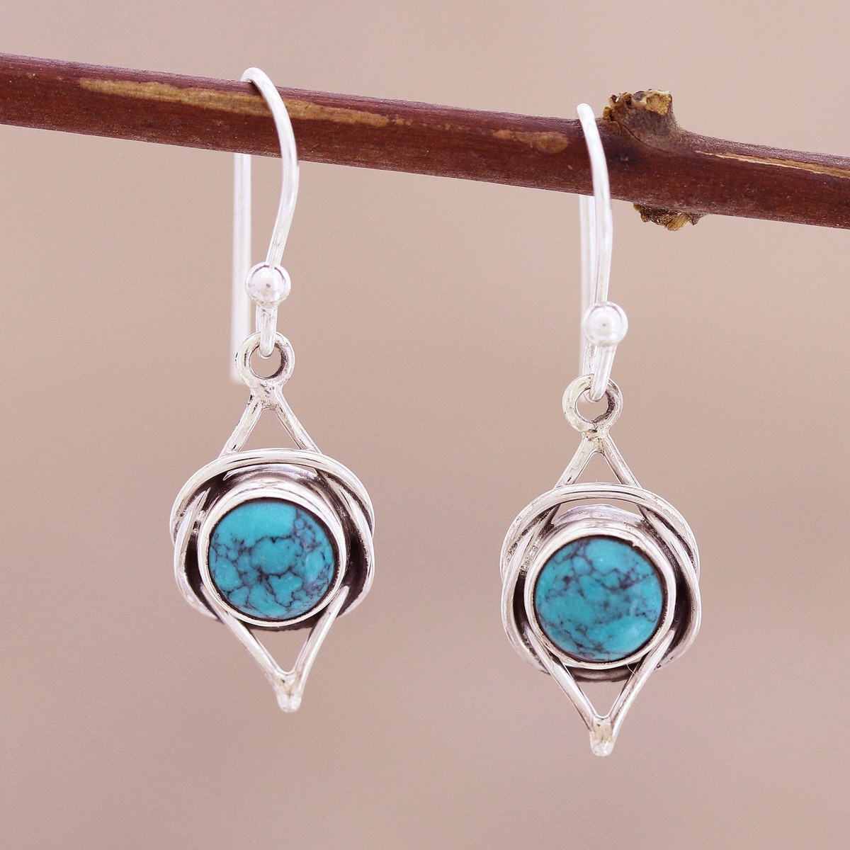 Sterling Silver Earrings with Reconstituted Turquoise – Intricate Twirl in Turquoise