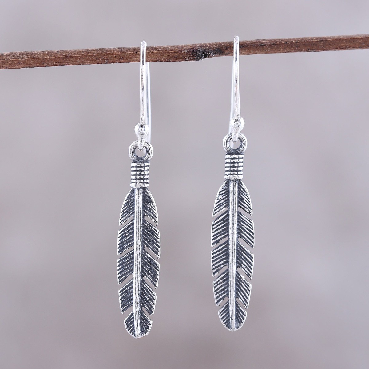 Sterling Silver Feather Dangle Earrings from India – Light Touch