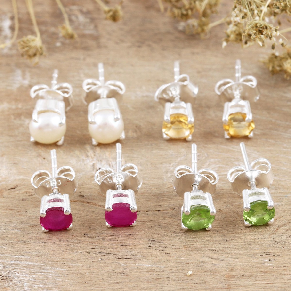 Sterling Silver Gemstone Stud Earrings from India (Set of 4) – Facts of Life