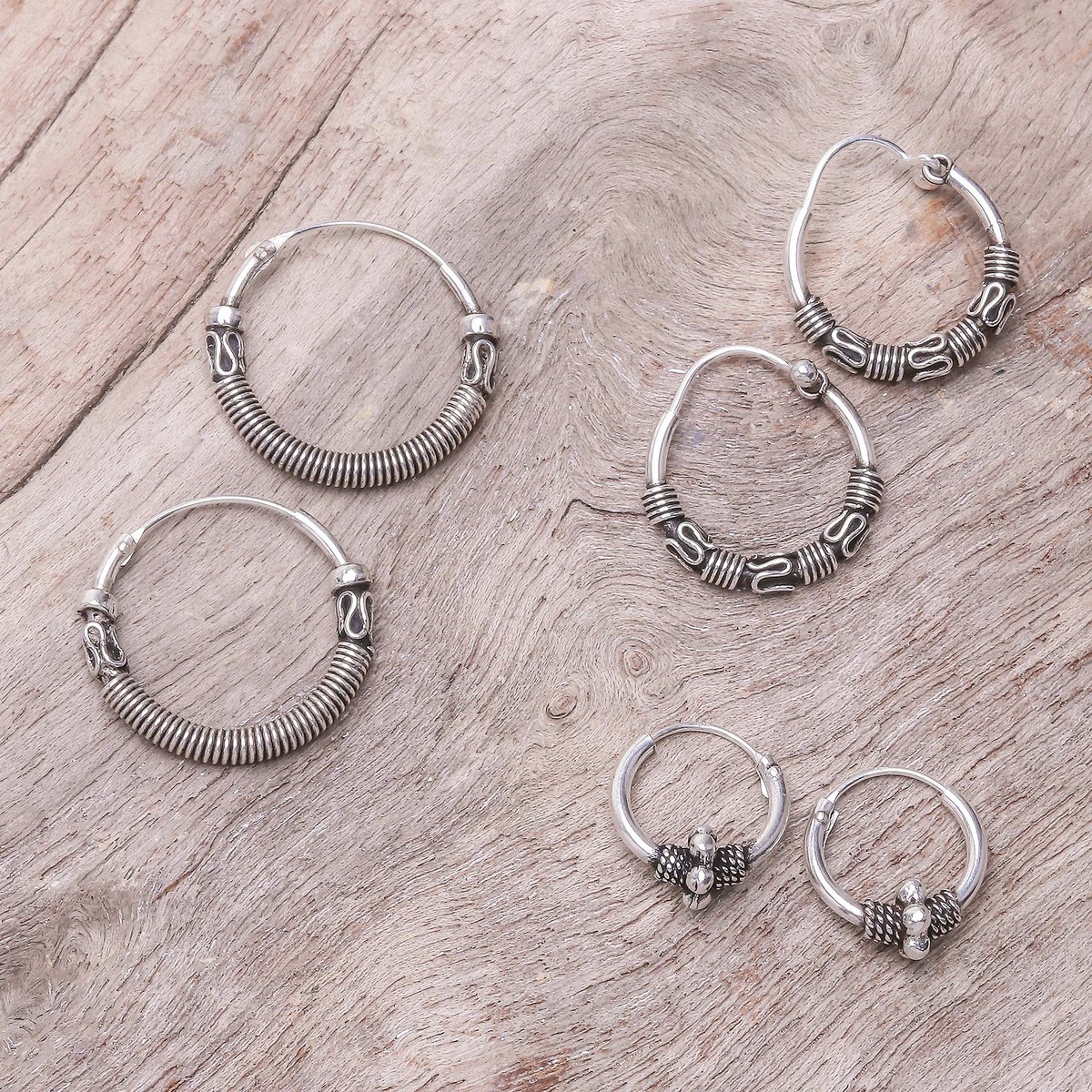 Sterling Silver Hoop Earrings Crafted in Thailand (Set of 3) – Thai Patterns